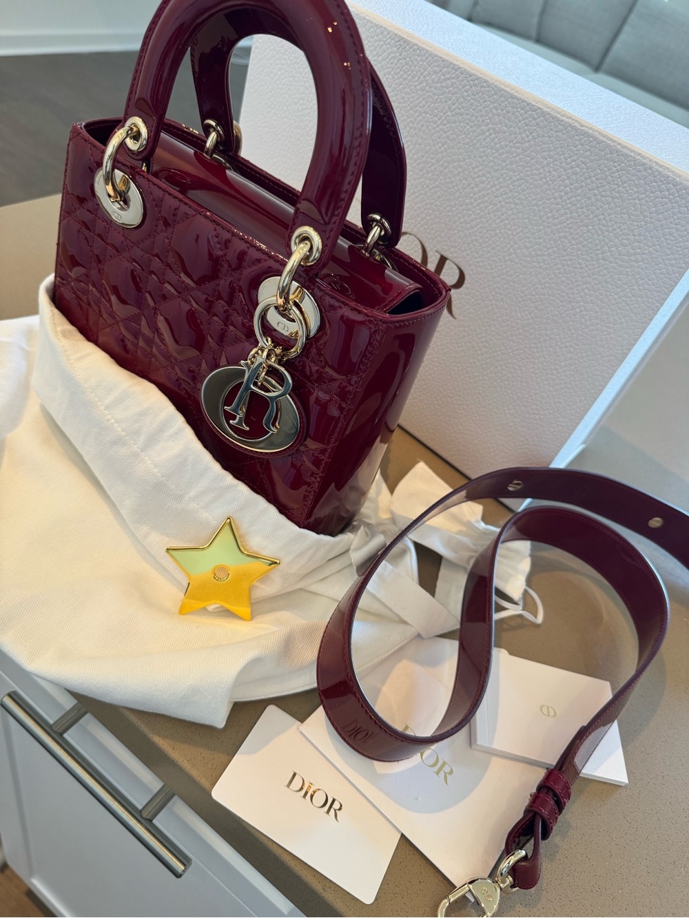 Dior Burgundy Patent Lady Dior Satchel with Gold Hardware